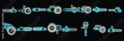 Electric saw icons set outline vector. Chainsaw equipment. Builder device neon isolated
