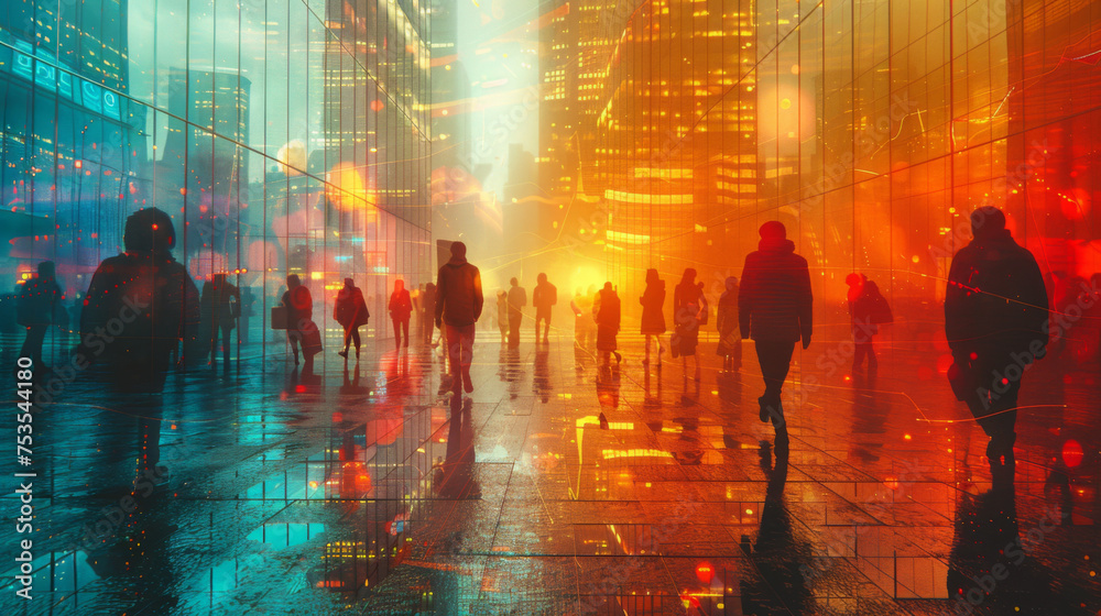 Obraz premium Abstract modern city background with people walking over buildings reflections.