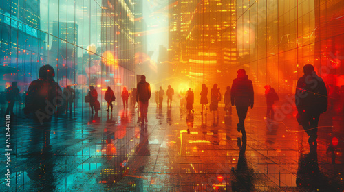 Abstract modern city background with people walking over buildings reflections.