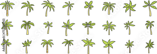 Palm icons set outline vector. Hawaii tree. Island coconut color line isolated
