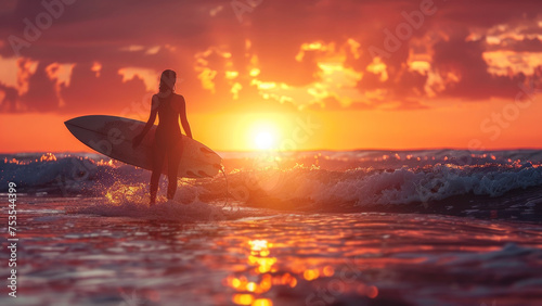 silhouette back view of woman enjoy with surfboard at sunset beach