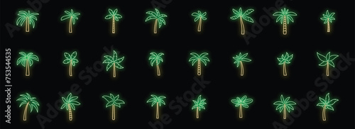 Palm icons set outline vector. Hawaii tree. Island coconut neon isolated