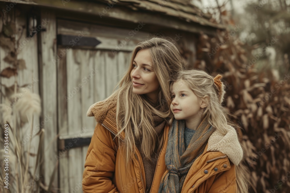 A young woman and a child standing together in a rustic setting Fictional Character Created by Generative AI. A young woman and a child standing together in a rustic setting Fictional Character Created by Generative AI.