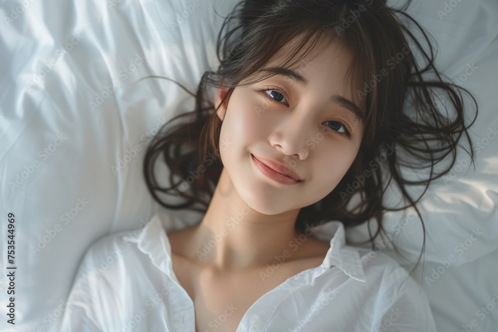 Morning Bliss: Happy Asian Woman Waking Up with a Smile Morning Bliss: Happy Asian Woman Waking Up with a Smile