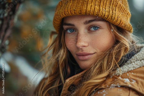 Youthful woman with snow in her hair turns to look back, highlighting her blue eyes and winter attire