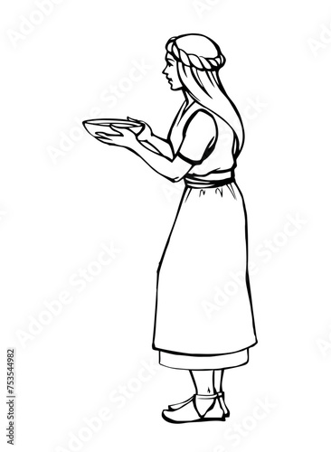 Vector drawing. Slave girl offer food