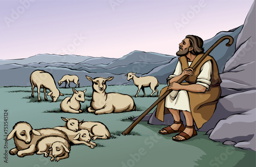 Vector drawing. Shepherd with sheep