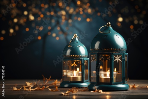Ramadan theme decorated with glowing lanterns and crescent moon for elegant poster background professional photography © NikahGeh