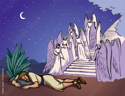 Vector drawing. Angels on the stairs leading to heaven