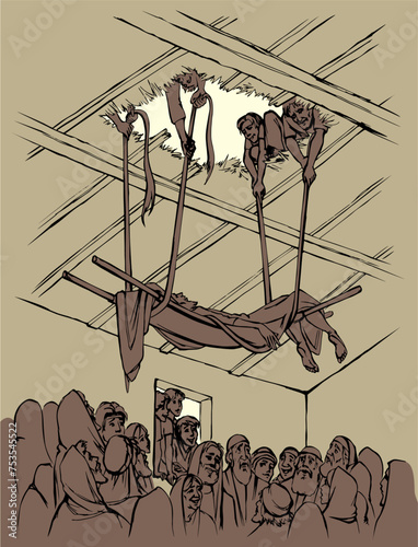 Vector drawing. The men dug up the roof to let the sick man in on a stretcher.
