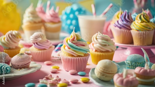 Pink and colorful cupcakes on a pink table © shelbys