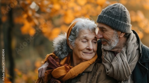 An older couple enjoying a tender moment in autumn  Fictional Character Created By Generated AI.