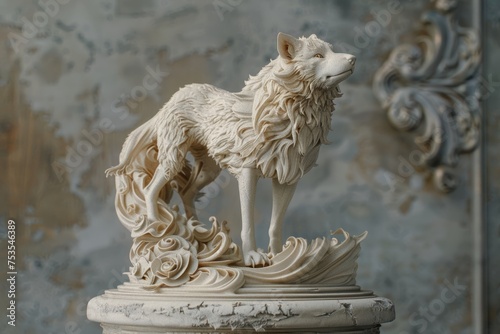 Beautiful mythical wolf-like creature sculpture on a pedestal.