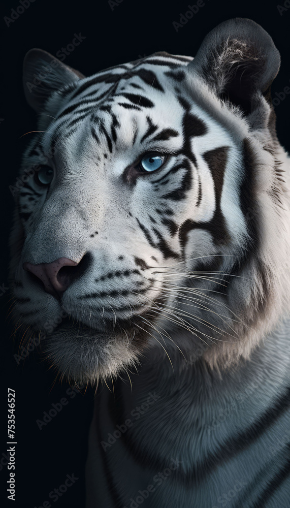 Albino tiger, wild cat, white tiger at black background, detailed close-up, animal portrait, endangered species