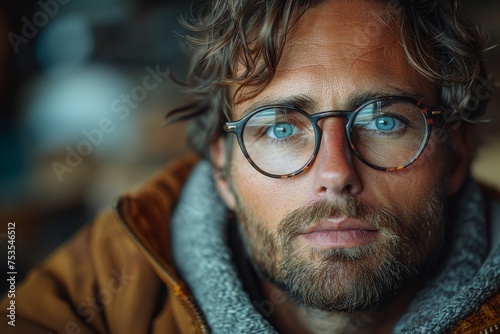 Close-up of man with blue eyes wearing clear round glasses and a casual jacket