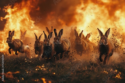hares run away from a burning field photo