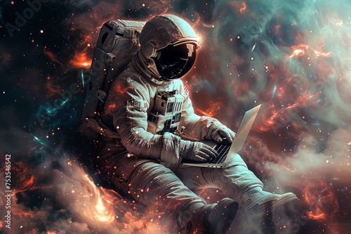 An astronaut in a spacesuit works on a laptop in outer space nebula. © WaxWing_Ai