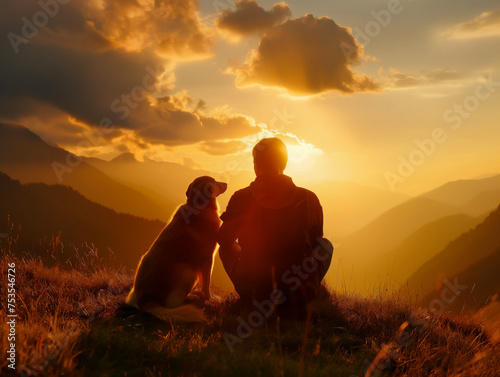 Alone male tourist with his dog friend looking at beautiful sunset view in mountains, Peak affection: Owner and dog silhouette in mountain landscape, a display of love. AI generated image