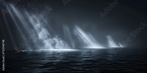 Stunning powerful misty electric crystalline waterfall glowing with sunlight  Frozen waterfalls in a black background.