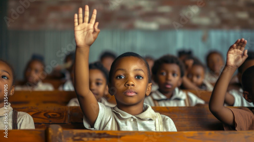 Children proudly raising their hands during a lesson at an elementary school