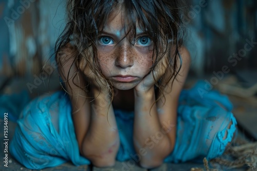A young, dirt-covered girl looks up with fierce determination and resilience