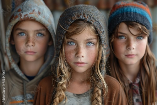 Close-up portrait of three kids with intense gazes, two boys and a girl wearing knit beanies