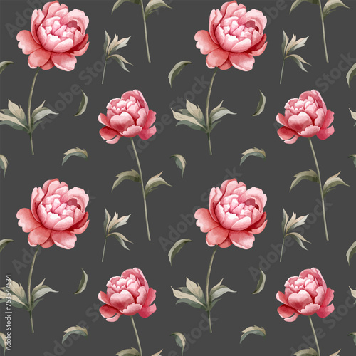 Seamless pattern with watercolor peonies on dark background. Watercolor botanical vector background