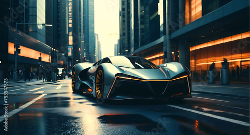 Modern futuristic sport race car in city street at night, auto background, automotive wallpaper, template with copy space area photo