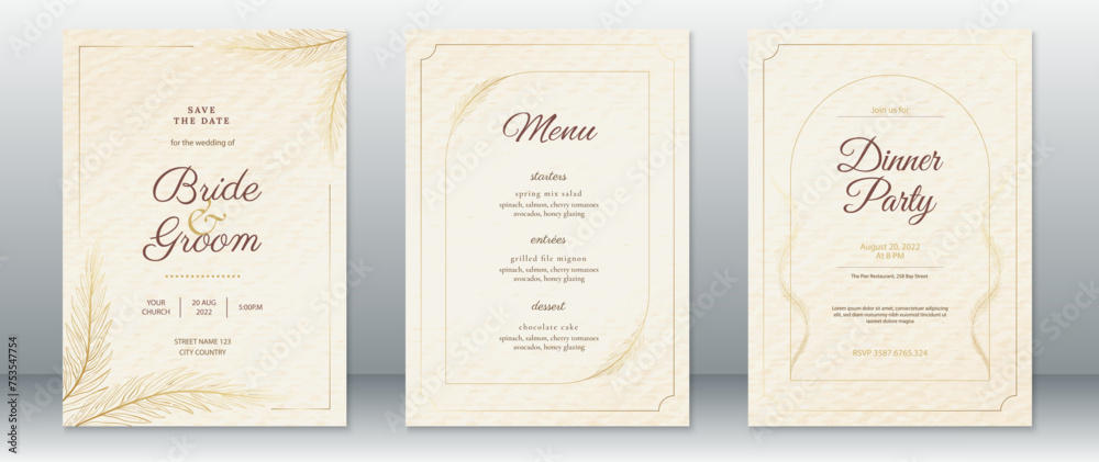 Luxury wedding invitation card template design vintage with gold frame and leaf on white paper texture  