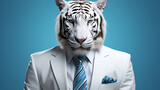 Tiger in fashionable clothes business concept wearing a suit, tie  with blue background Trendy Business Fashionable Clothes  Wildlife