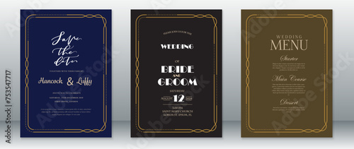 Luxury wedding invitation card template design elegant with golden frame ornament and dark background
