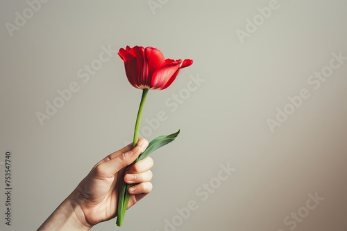 A woman s hand holds a flower. Abstract background for Women s Day. one flower. simple. generative ai