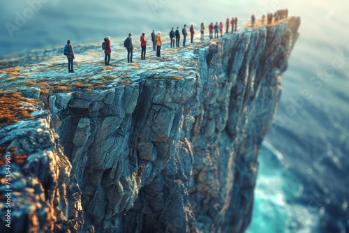 A line of people on a precipice with a dramatic drop, showcasing the vastness of nature and human curiosity photo