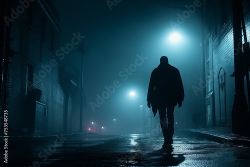 Man walking on foggy street at night  quiet streets and peaceful urban scenes  nighttime calm  world sleep day in the city
