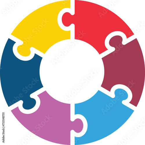 Vector 6 Parts Circle Puzzle Infographic Diagram on Transparent Background. Vector Circle Puzzle Infographic: Six-Part Diagram, Six-Part Circular Diagram Illustration.