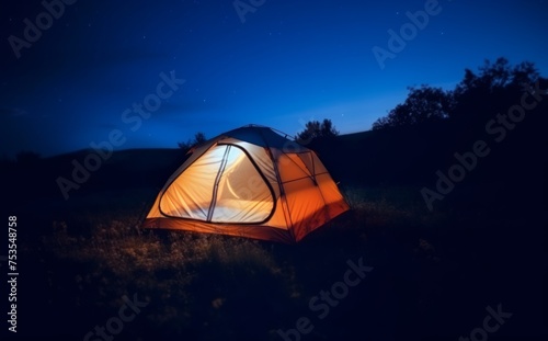 A tent illuminated in the darkness of the night glowing softly, nighttime camping scenes, sleep amidst nature, world sleep day outdoor serenity