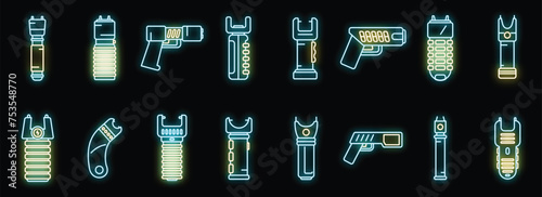 Taser icons set outline vector. Police gun. Safety stun electroshock neon isolated