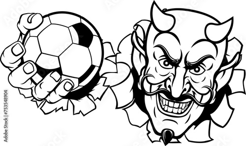 A devil or satan soccer football sports mascot cartoon character holding a ball