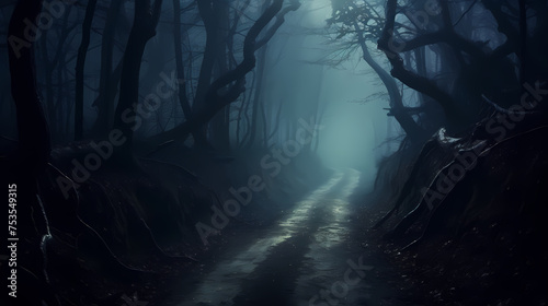 Mysterious dark forest at night