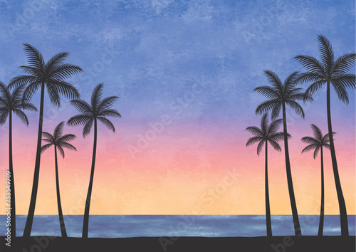 ハワイの夕日の景色とヤシの木水彩
