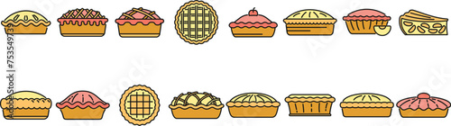 Apple pie icons set outline vector. Food dessert. American apple color line isolated