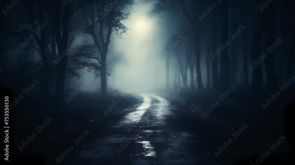 Mysterious dark forest at night