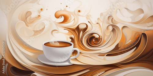 Abstract 3D coffee background, a cup of coffee against a background of soft waves and lines in brown tones