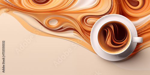 Abstract 3D coffee background, a cup of coffee against a background of soft waves and lines in brown tones, latte art, top view