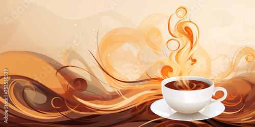 Abstract coffee background, a cup of coffee against a background of soft waves and lines in brown tones