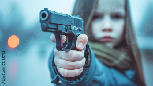 Child abuse, dysfunctional family, parenting problems, kid playing with a pistol, firearms. Gun in children's hands, safety and accident concept photo