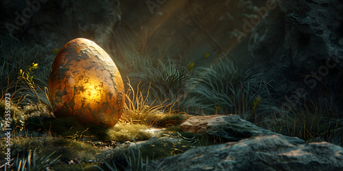 A large dragon egg in a dark forest, Enormous Dagon egg hidden in gloomy forest.