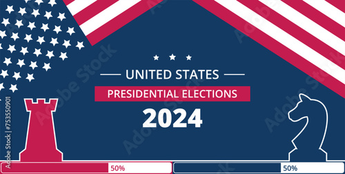 2024 Presidential elections in the United Stares with USA flag. Democrats against Republicants. Electoral symbols of both political parties chess figures. Flat vector illustration. Vote day November 5