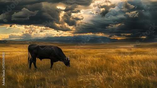 A black Angus cow grazes in a wheat colored field with stormy skies 