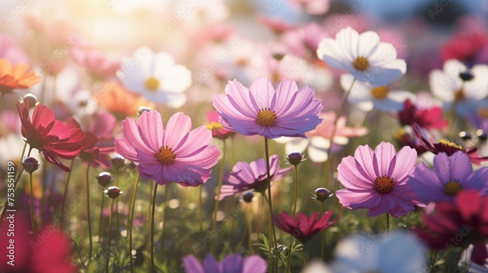 Flower field in sunlight, spring or summer garden
